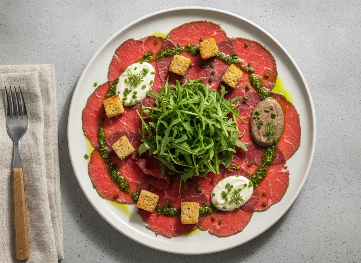 Rindercarpaccio mit verschiedenen Toppings photo
