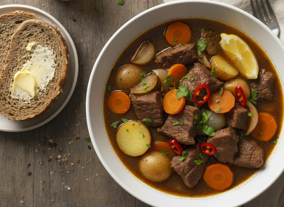 Rindereintopf mit Brot und Zitrone photo