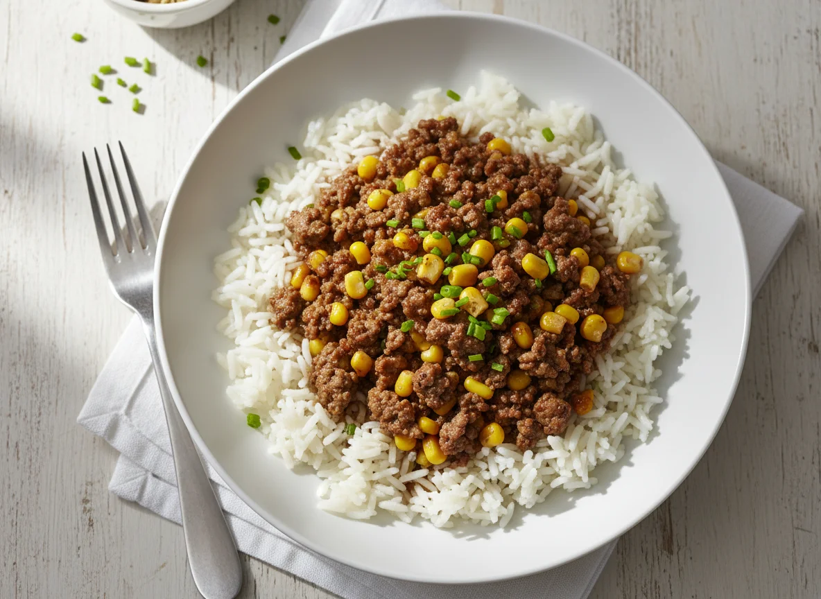 Rinderfaschiertes mit Mais auf Reis photo