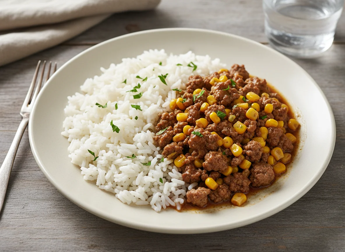 Rinderfaschiertes mit Mais und Reis photo