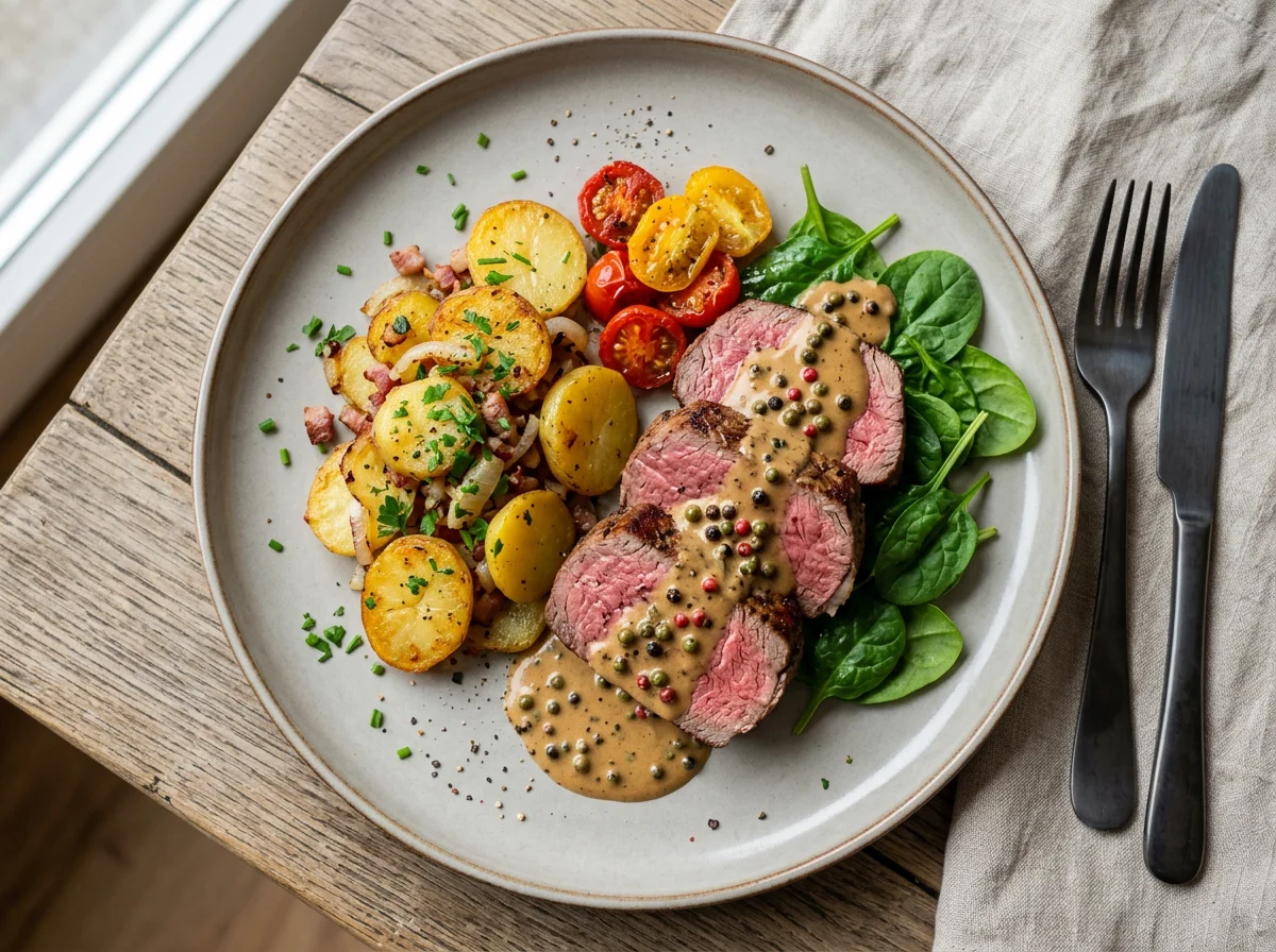 Rinderfilet mit Bratkartoffeln und Pfeffersauce photo