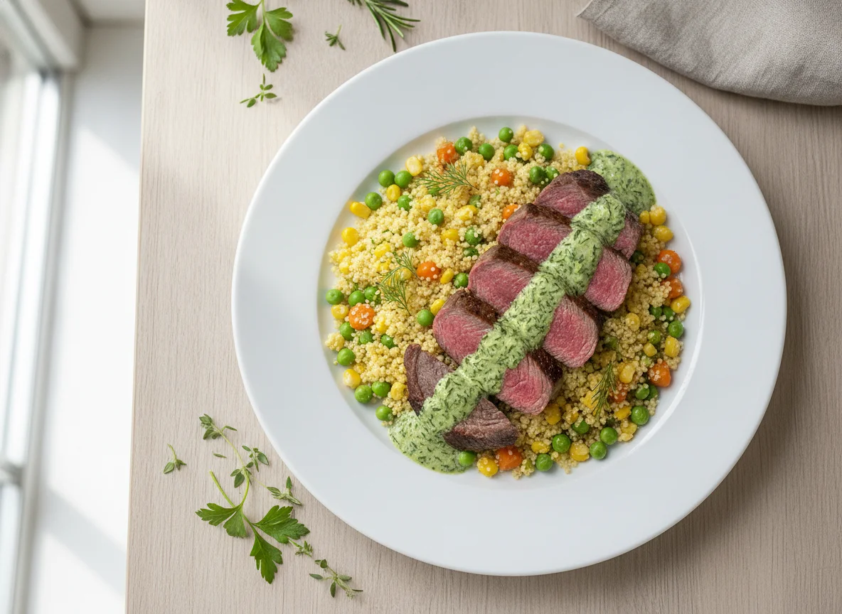 Rinderfilet mit Couscous und Kräutersauce photo