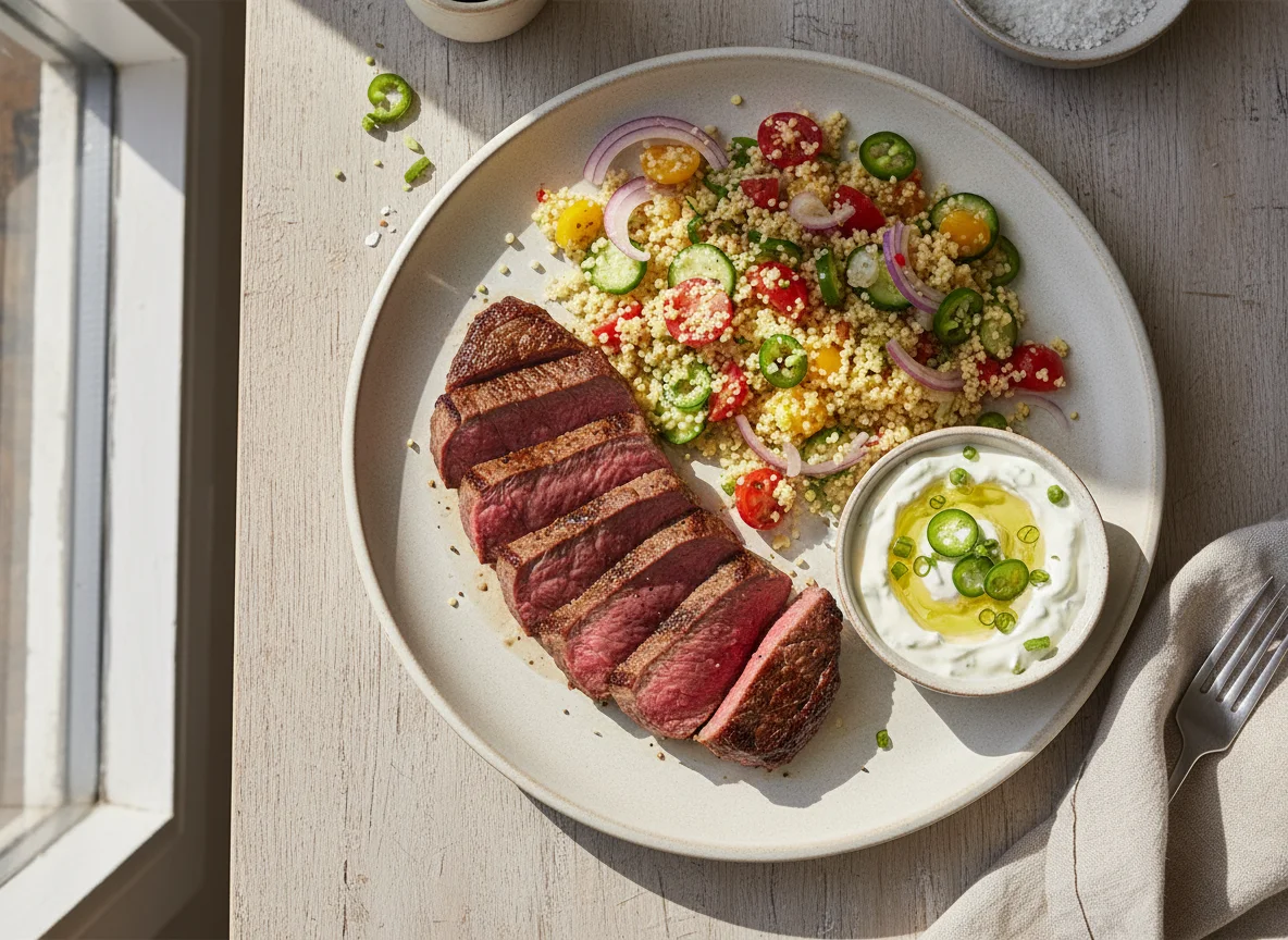 Rinderfilet mit Couscous-Salat und Joghurt-Dip photo