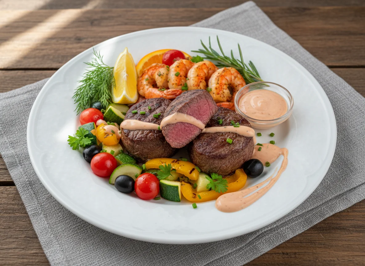 Rinderfilet mit Garnelen, mediterranem Gemüse und Sauce photo