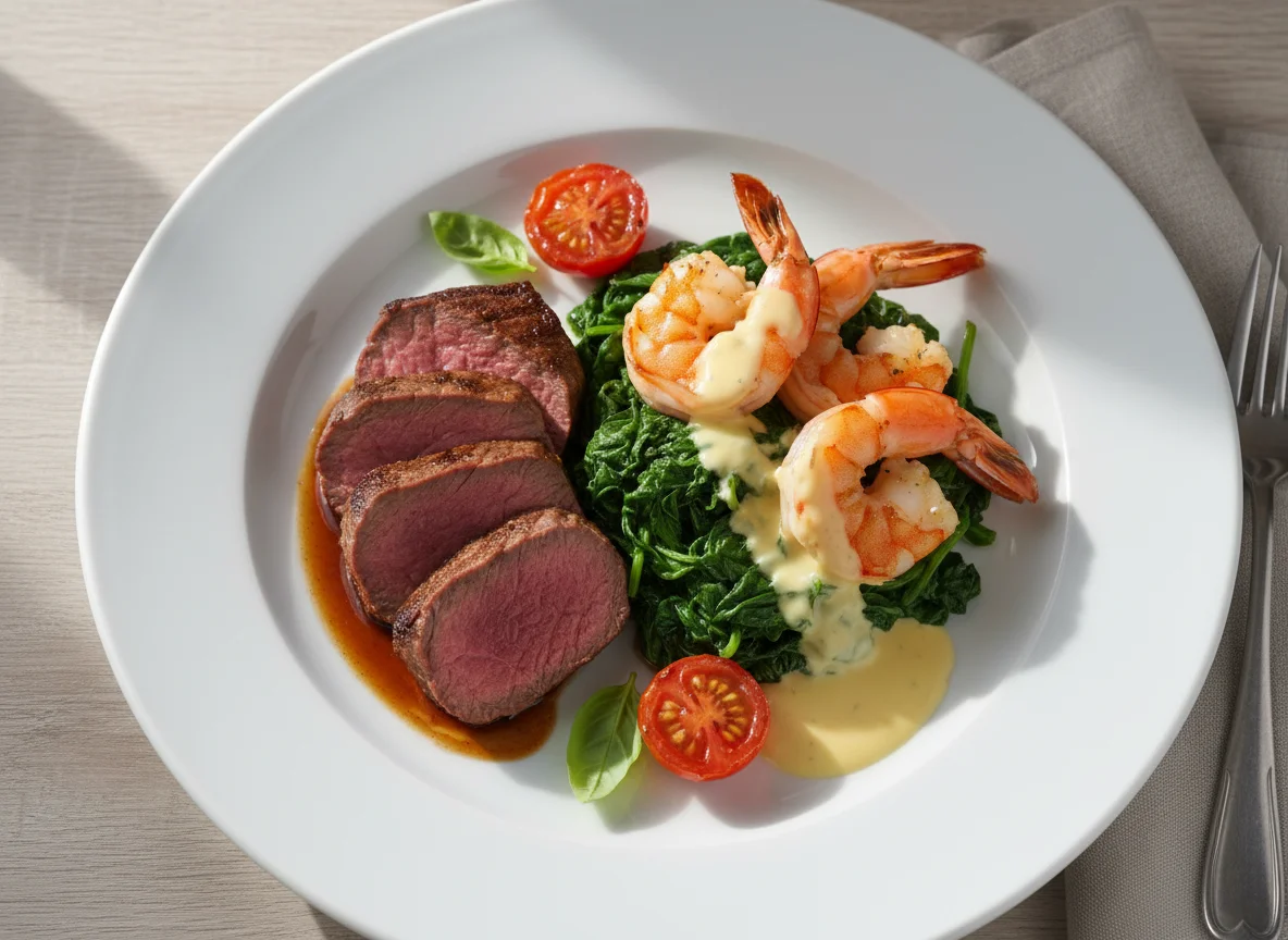 Rinderfilet mit Garnelen und Spinat photo