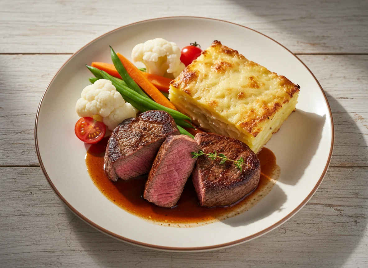 Rinderfilet mit Gemüse und Kartoffelgratin photo
