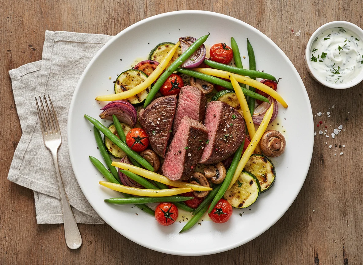 Rinderfilet mit Grillgemüse und Bohnen photo