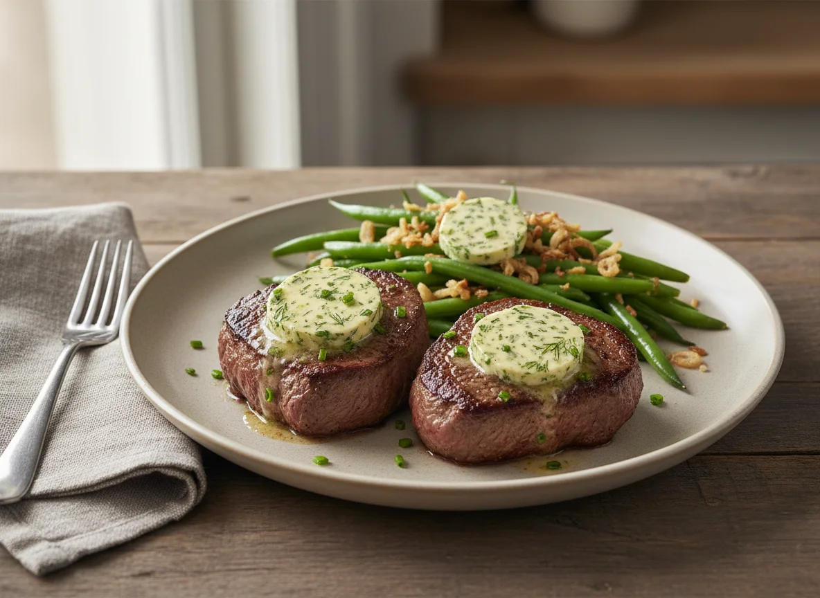 Rinderfilet mit grünen Bohnen und Kräuterbutter photo