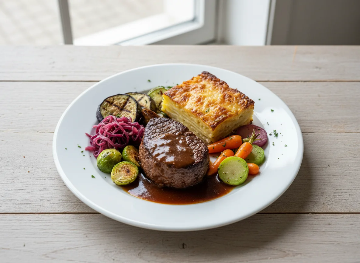 Rinderfilet mit Kartoffelgratin und Gemüse photo