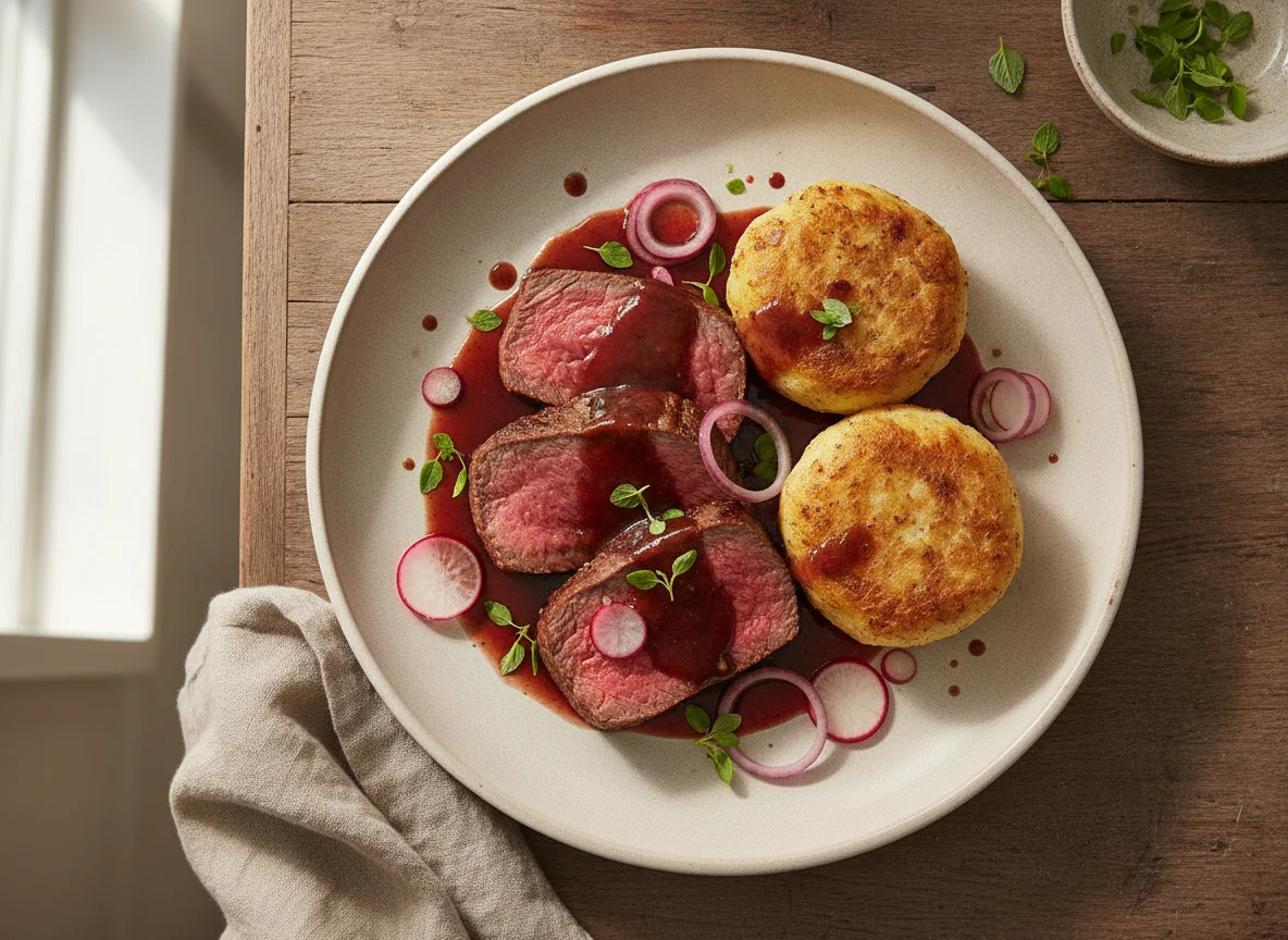 Rinderfilet mit Kartoffelklößen und Rotweinsauce photo