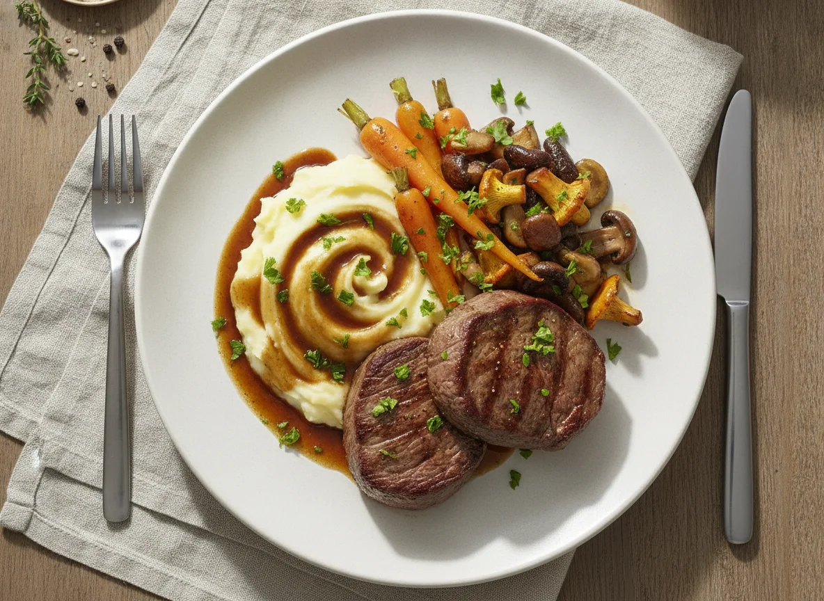 Rinderfilet mit Kartoffelpüree, Karotten und Pilzen photo