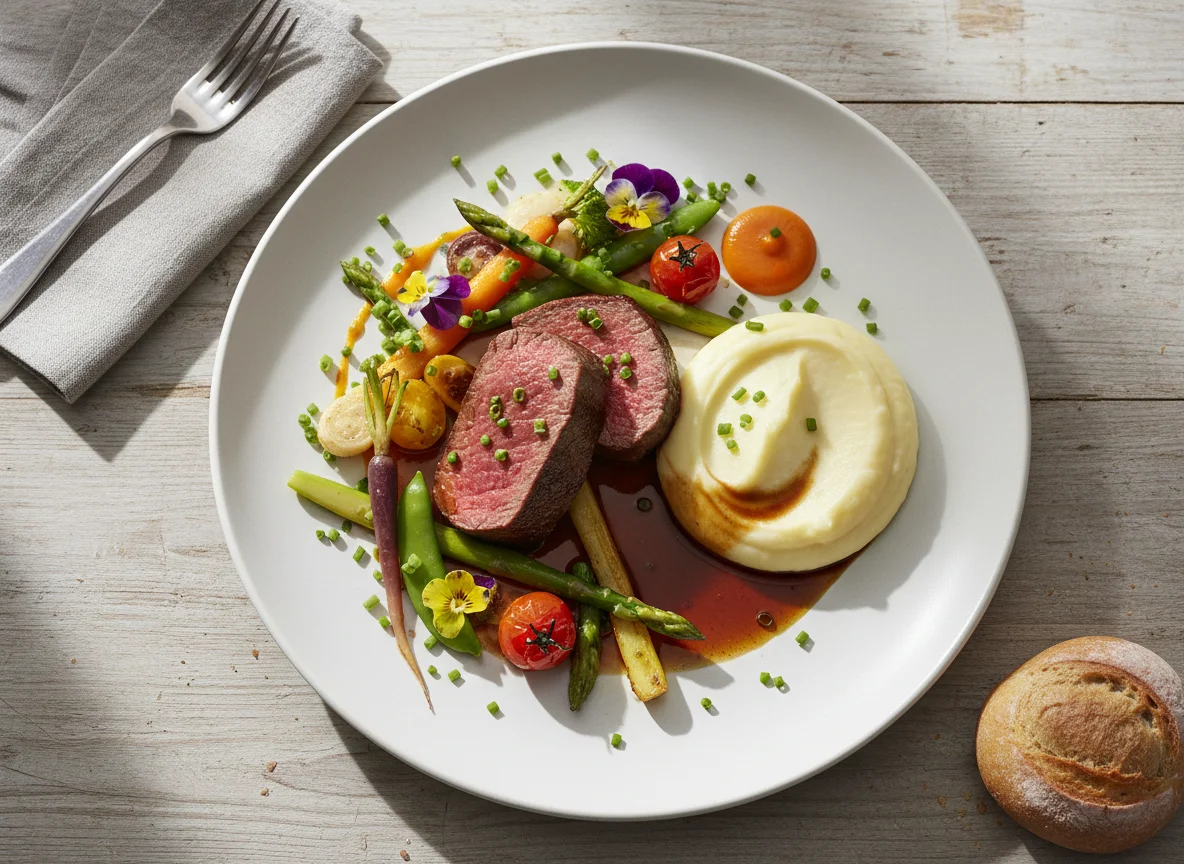 Rinderfilet mit Kartoffelpüree und Gemüse photo