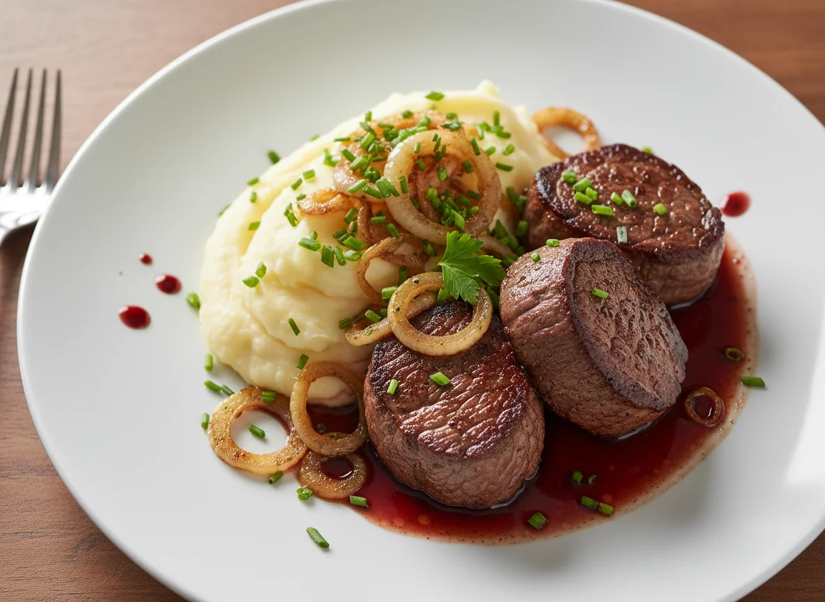 Rinderfilet mit Kartoffelpüree und Rotweinsauce photo