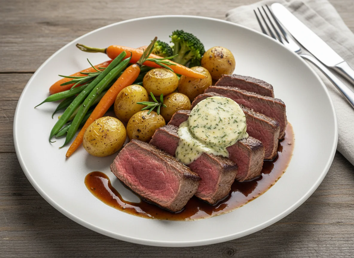 Rinderfilet mit Kräuterbutter und Gemüse photo