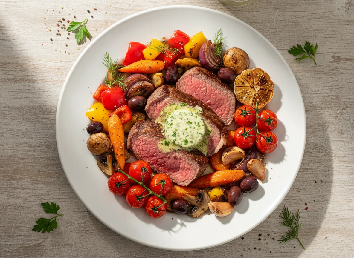 Rinderfilet mit Kräuterbutter und mediterranem Gemüse photo