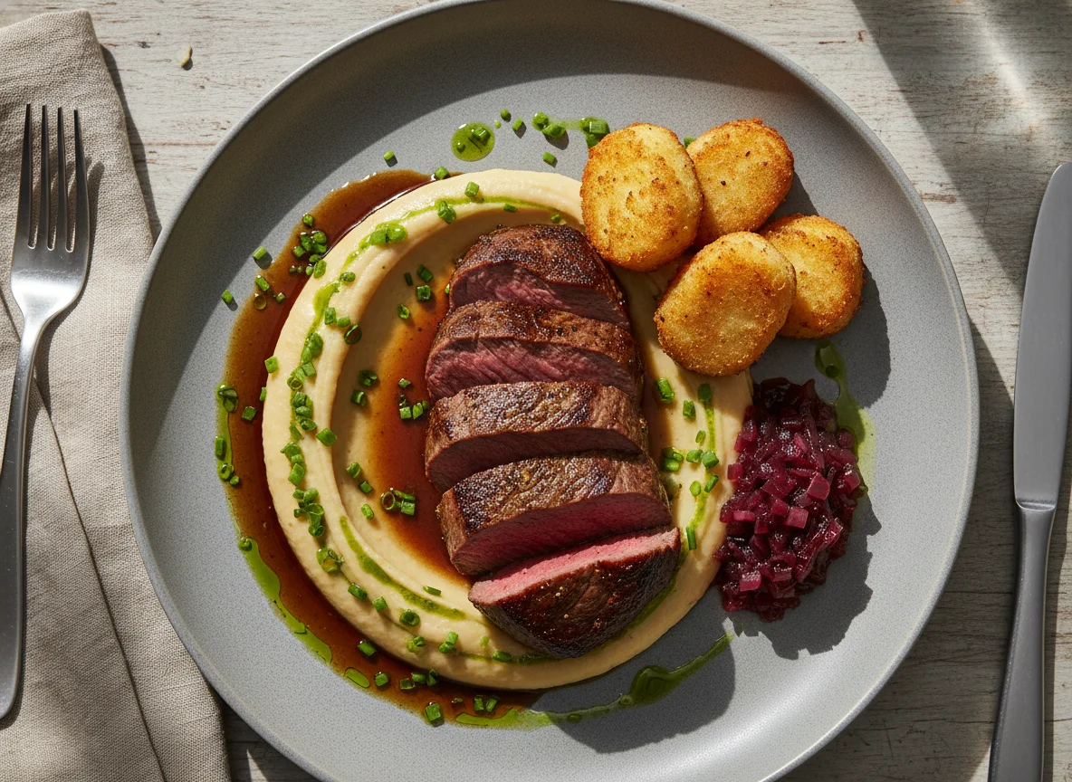 Rinderfilet mit Kroketten und Püree photo