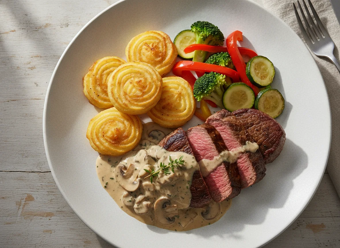 Rinderfilet mit Pilzrahmsauce, Herzoginkartoffeln und Gemüse photo