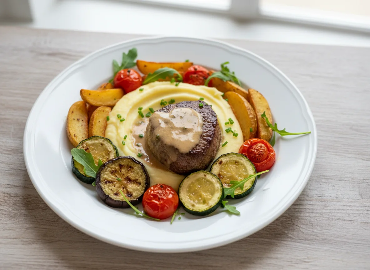 Rinderfilet mit Püree und gebratenem Gemüse photo