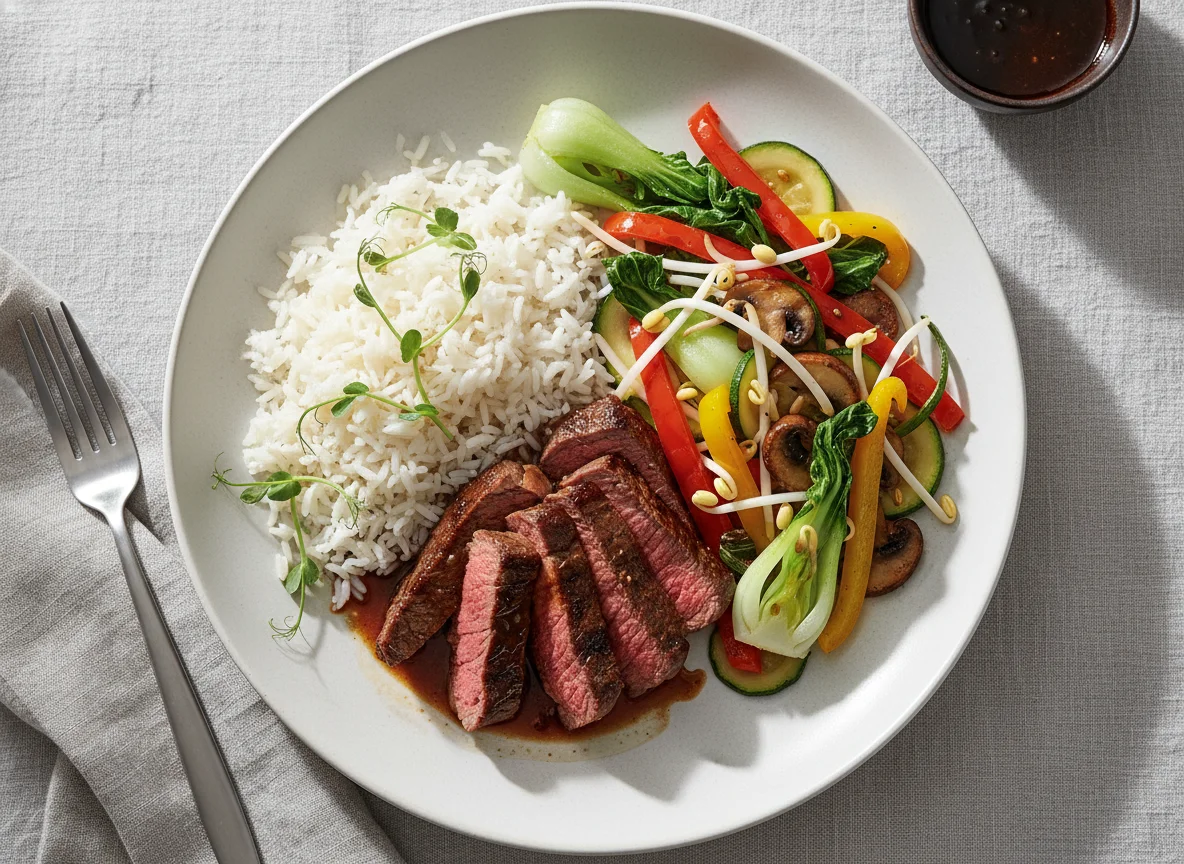 Rinderfilet mit Reis und gebratenem Gemüse photo
