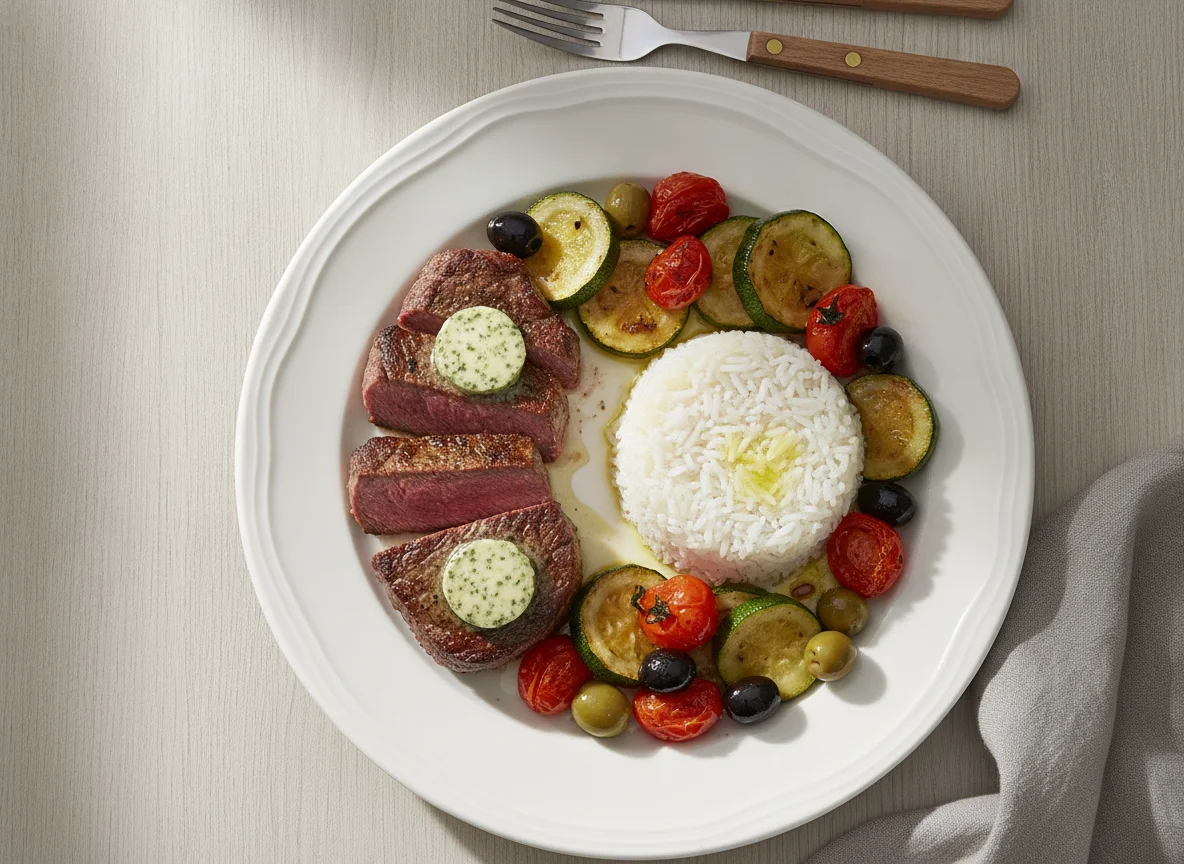 Rinderfilet mit Reis und mediterranem Gemüse photo