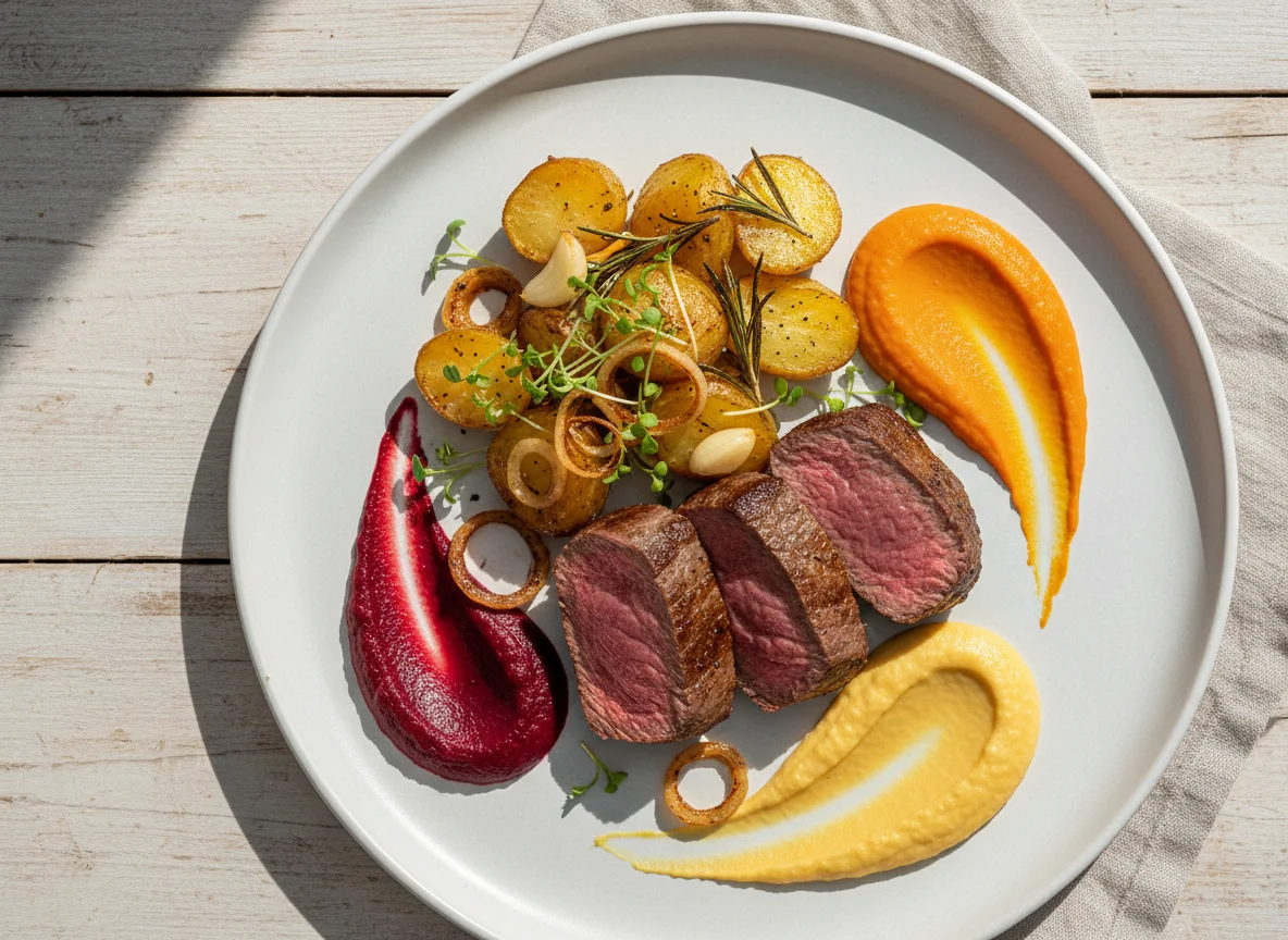 Rinderfilet mit Rosmarinkartoffeln und Gemüsepürees photo