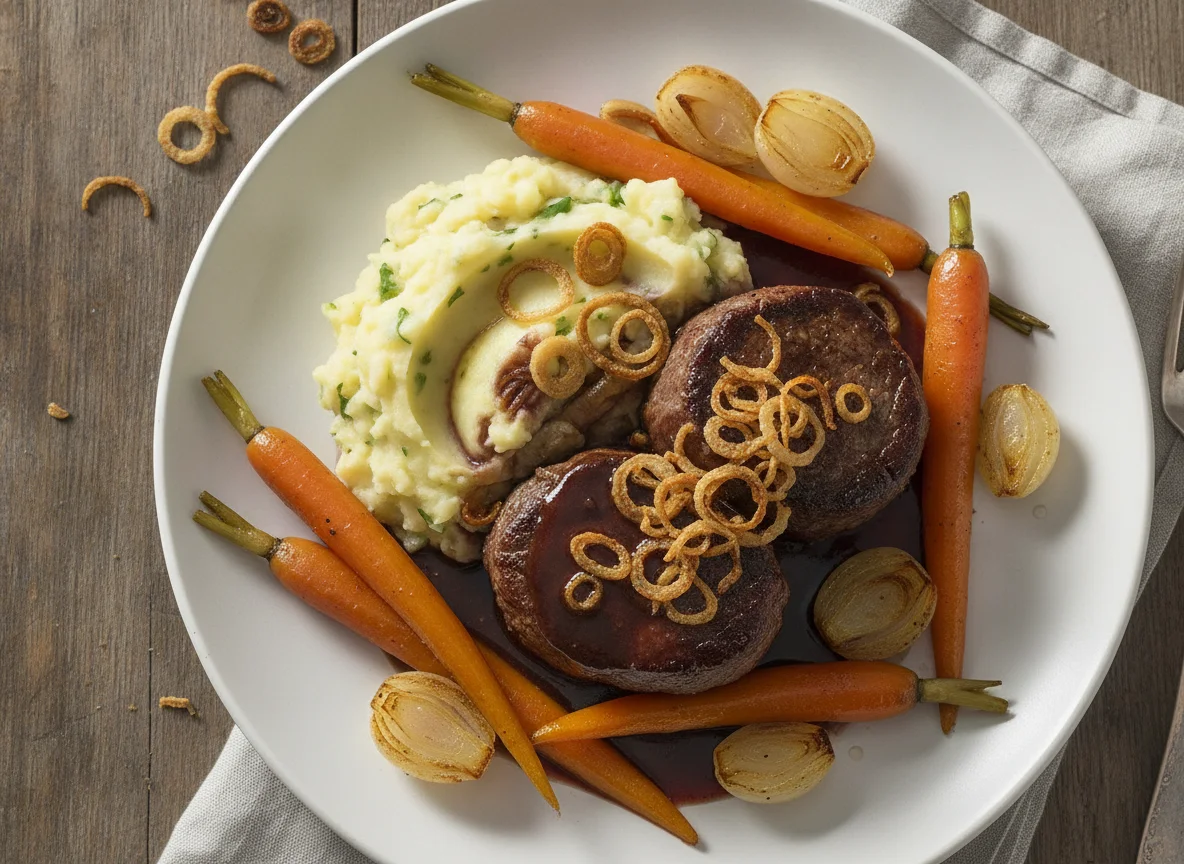 Rinderfilet mit Rotweinsauce, Kartoffelstampf und Gemüse photo