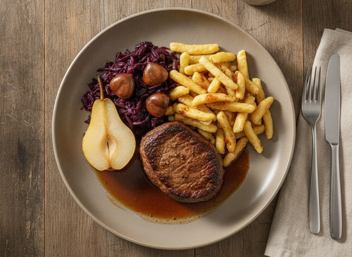 Rinderfilet mit Spätzle, Rotkohl, Maronen und Birne photo