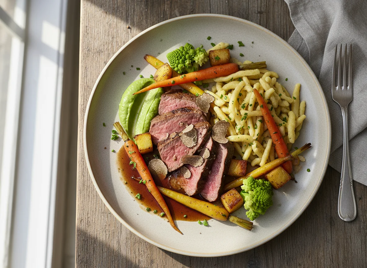 Rinderfilet mit Trüffel, Spätzle und Gemüse photo