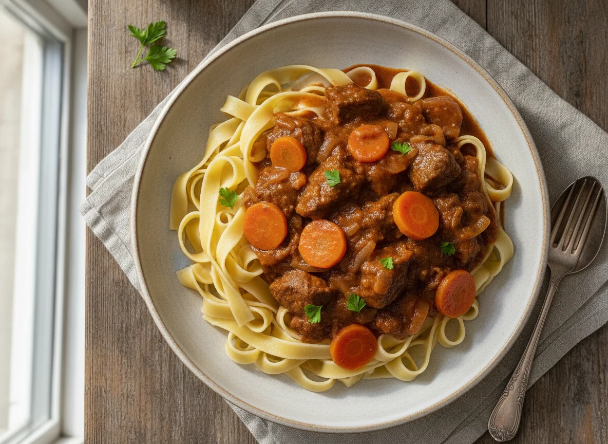 Rindergulasch mit Bandnudeln und Karotten photo