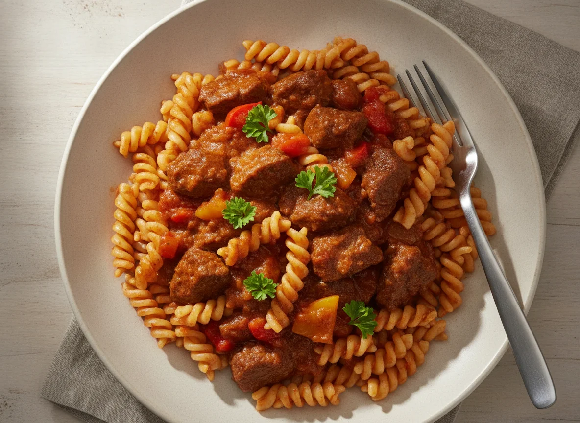 Rindergulasch mit Fusilli photo