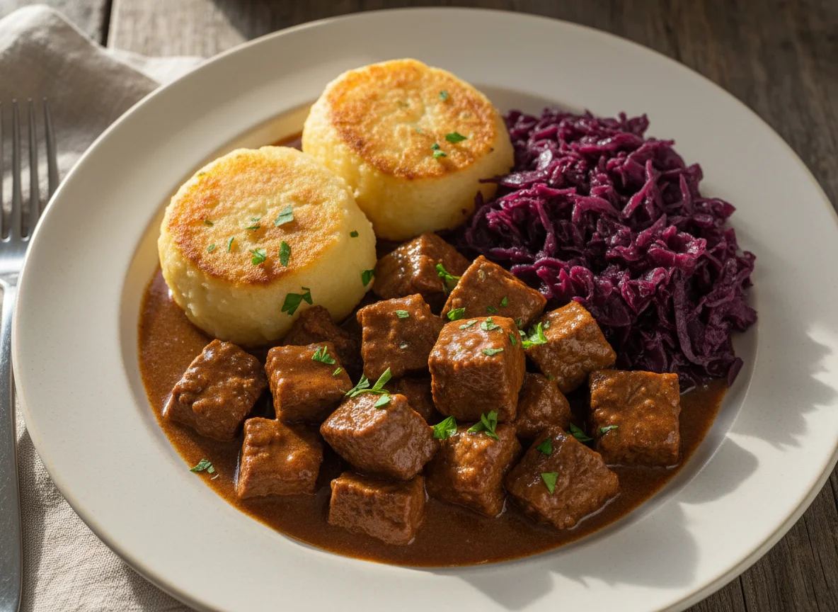 Rindergulasch mit Kartoffelklößen und Rotkohl photo