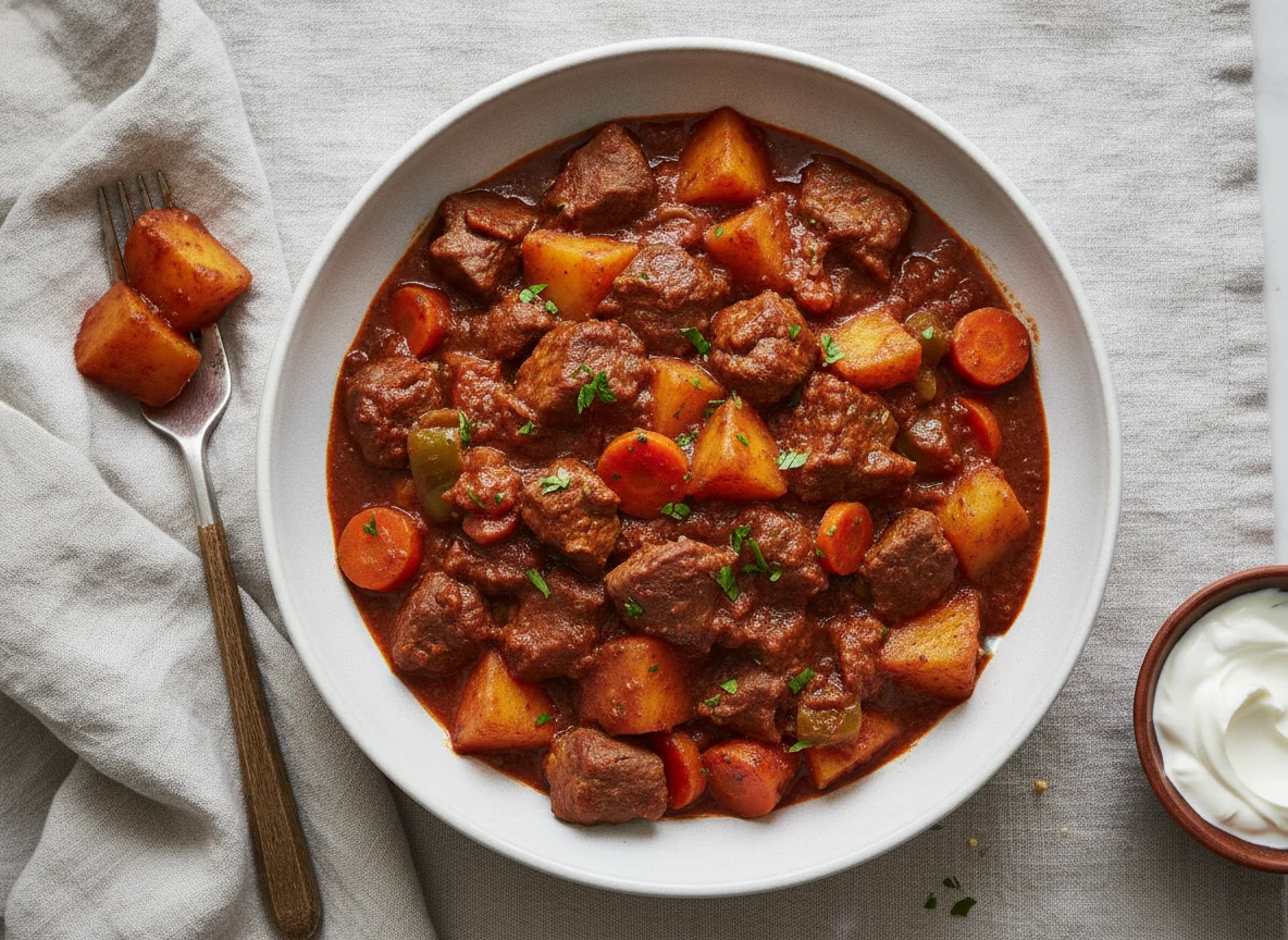 Rindergulasch mit Kartoffeln und Karotten photo