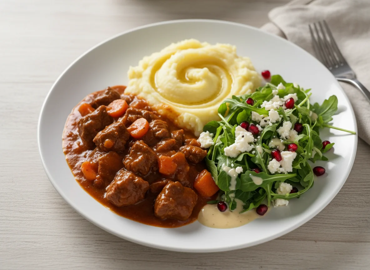 Rindergulasch mit Kartoffelpüree und Salat photo