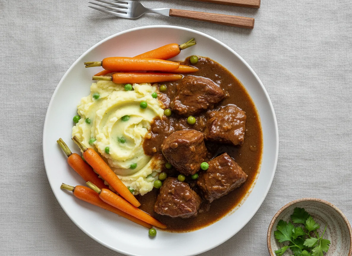 Rindergulasch mit Kartoffelstampf und Karotten photo