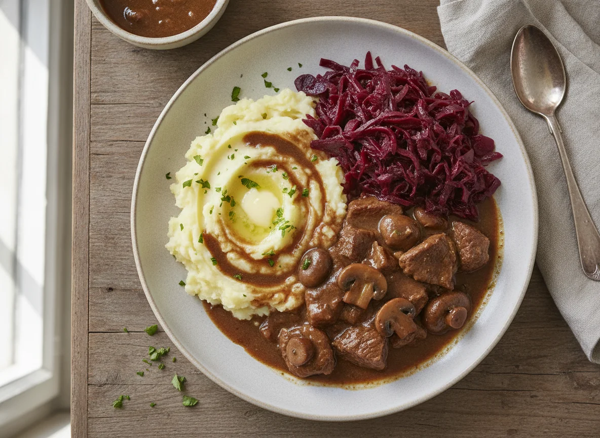 Rindergulasch mit Kartoffelstampf und Rotkohl photo