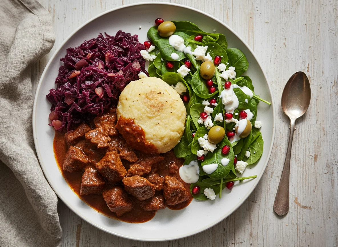 Rindergulasch mit Kloß, Rotkohl und Salat photo