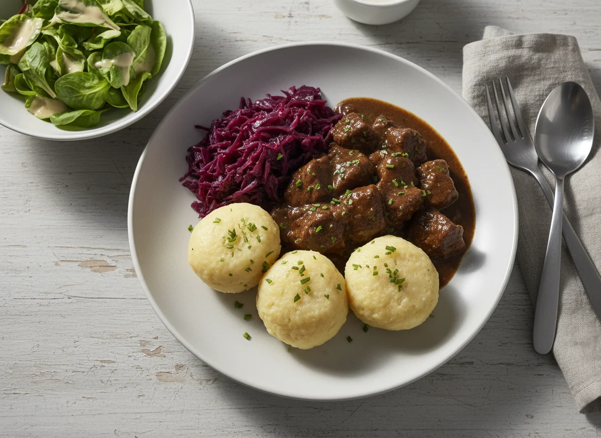 Rindergulasch mit Klößen und Rotkohl photo