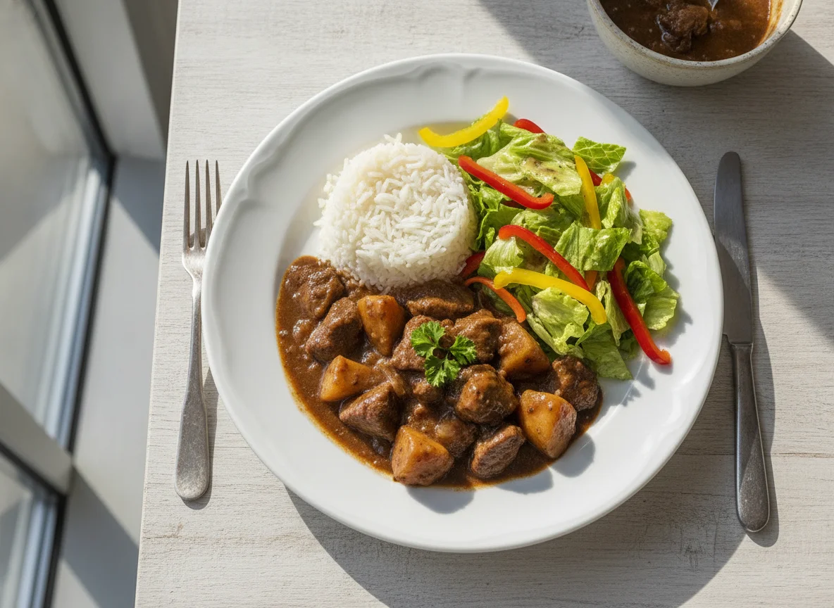 Rindergulasch mit Reis und gemischtem Salat photo
