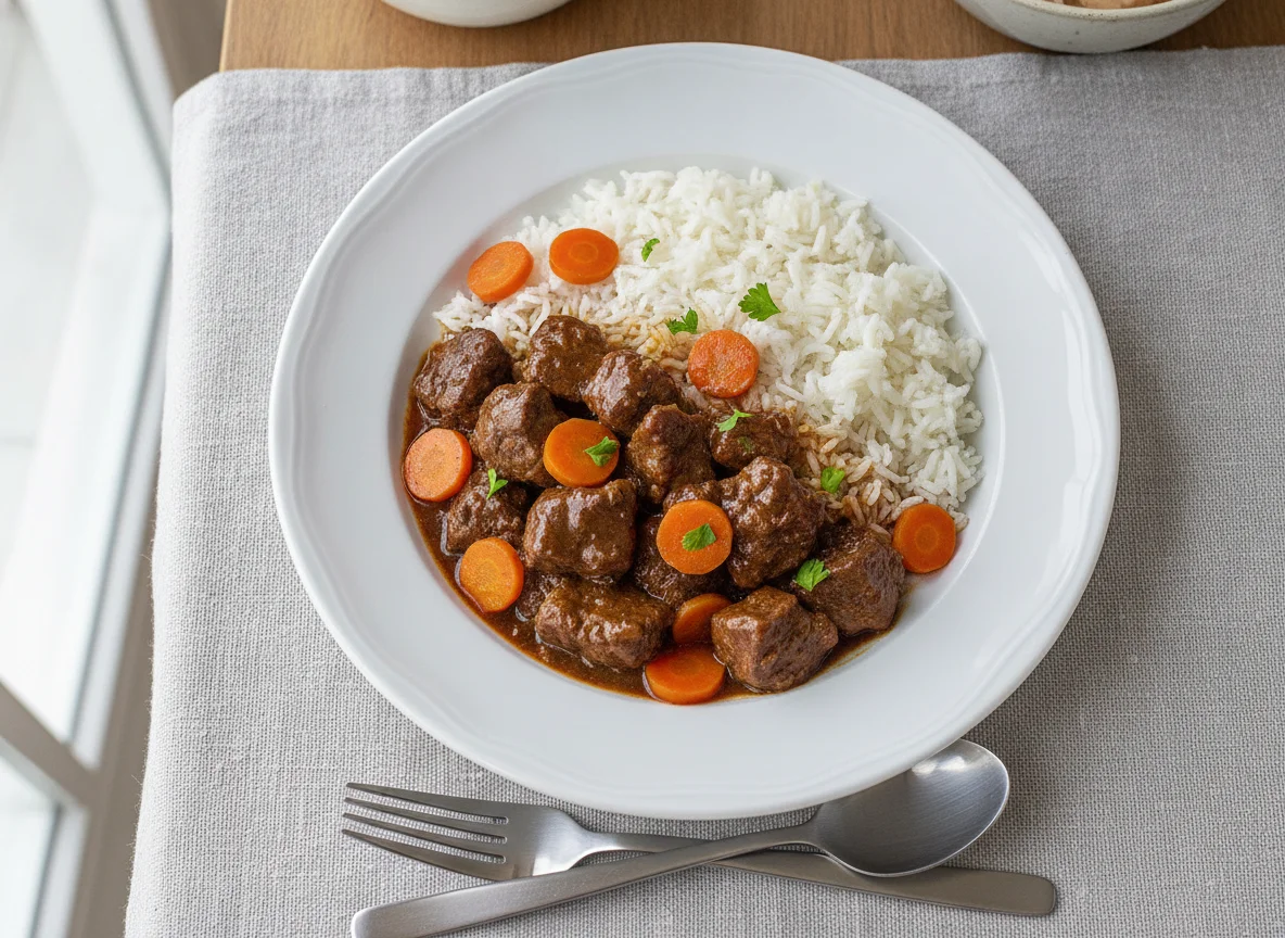 Rindergulasch mit Reis und Karotten photo