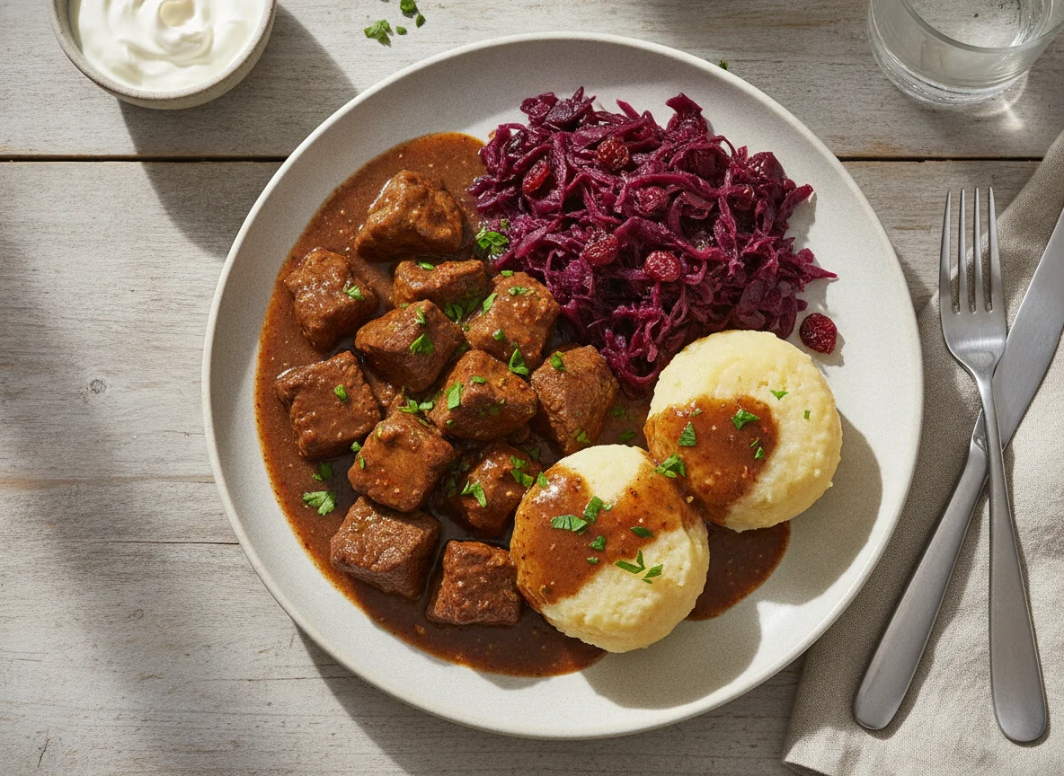 Rindergulasch mit Rotkohl und Kartoffelklößen photo