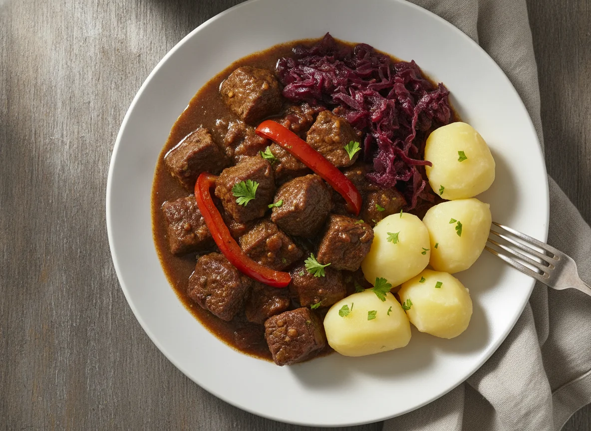 Rindergulasch mit Rotkohl und Salzkartoffeln photo