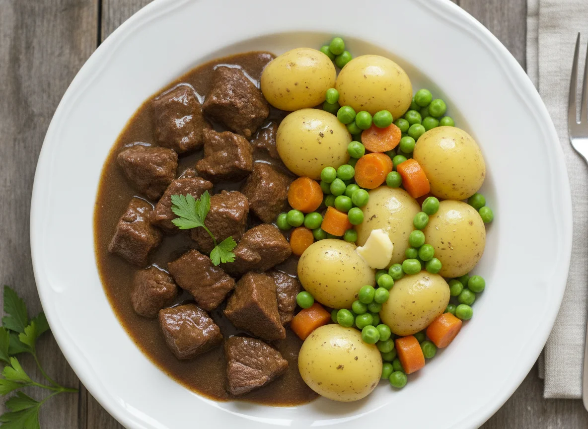 Rindergulasch mit Salzkartoffeln, Erbsen und Möhren photo