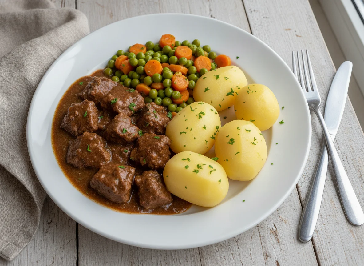 Rindergulasch mit Salzkartoffeln und Erbsen-Möhren-Gemüse photo