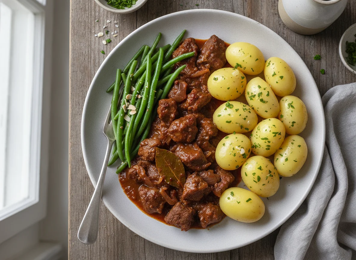 Rindergulasch mit Salzkartoffeln und grünen Bohnen photo