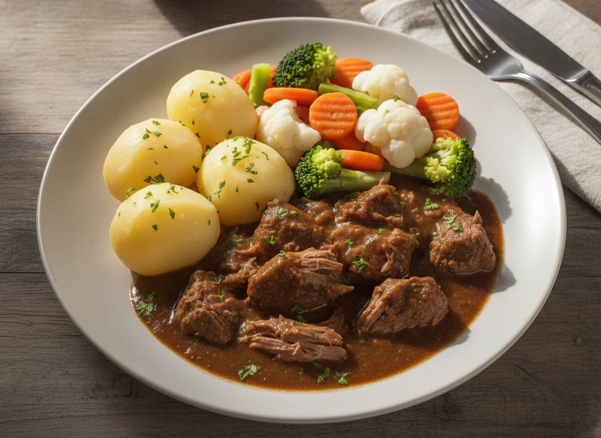 Rindergulasch mit Salzkartoffeln und Mischgemüse photo