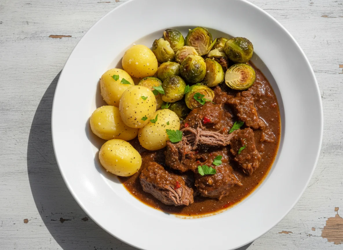 Rindergulasch mit Salzkartoffeln und Rosenkohl photo