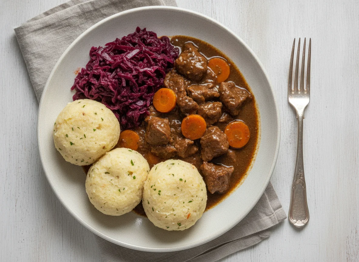 Rindergulasch mit Semmelknödeln und Rotkohl photo