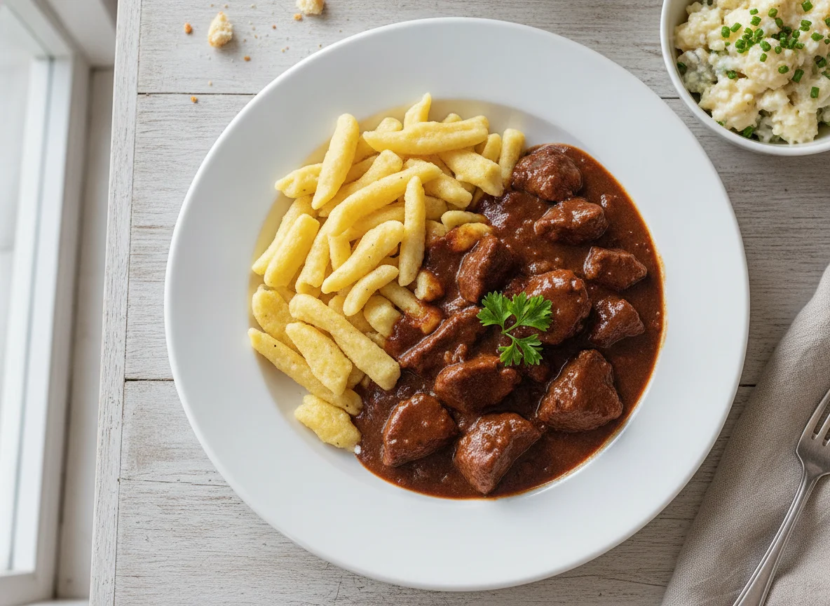 Rindergulasch mit Spätzle und Beilagensalat photo