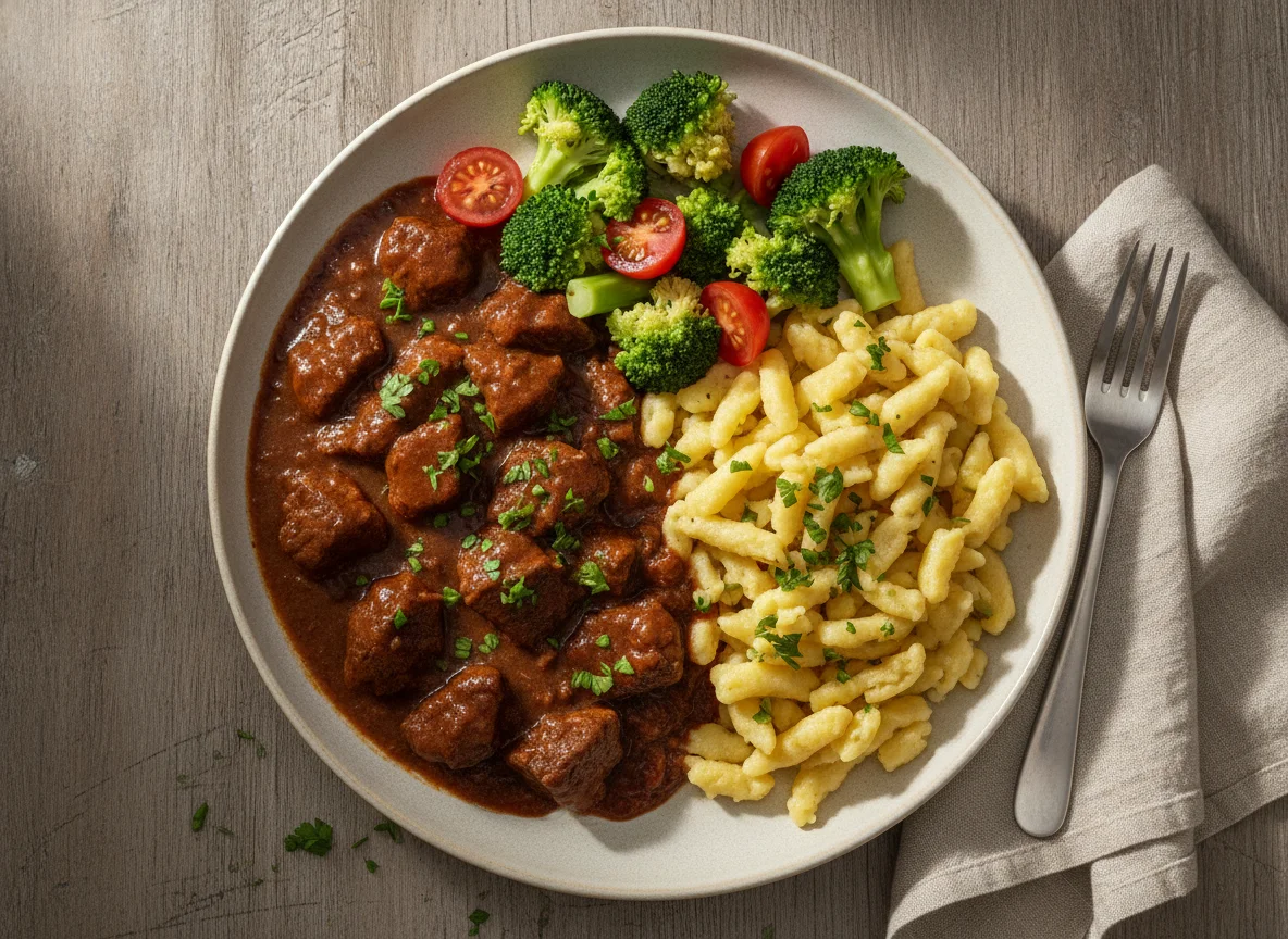 Rindergulasch mit Spätzle und Brokkoli photo