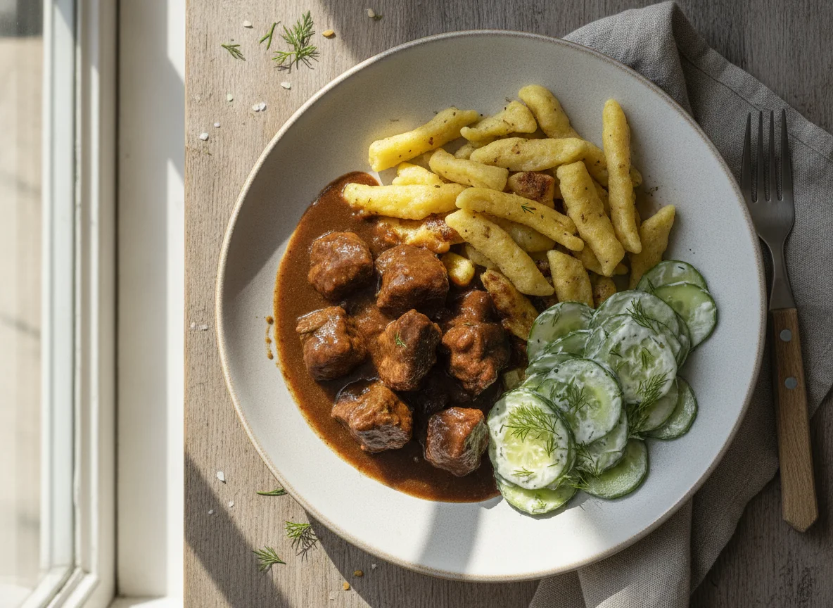 Rindergulasch mit Spätzle und Gurkensalat photo